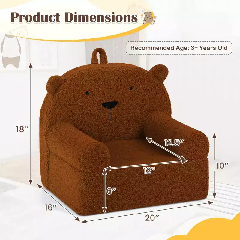 Kindersofa in Bärenform, Schaumstoffsofa für Kleinkinder mit weichem Fleece-Bezug, Braun/Grau/Marineblau/Rosa