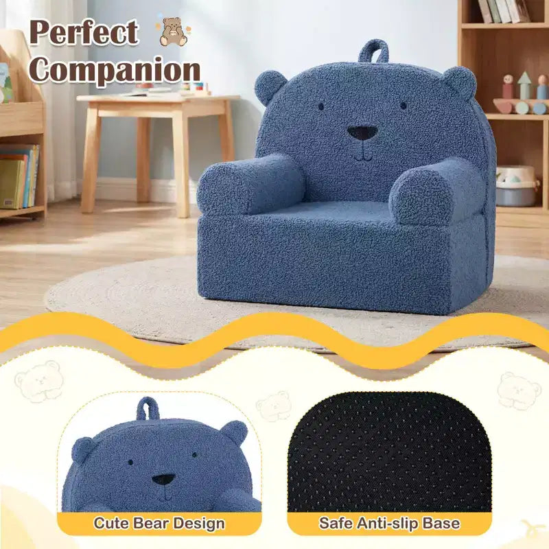 Kindersofa in Bärenform, Schaumstoffsofa für Kleinkinder mit weichem Fleece-Bezug, Braun/Grau/Marineblau/Rosa
