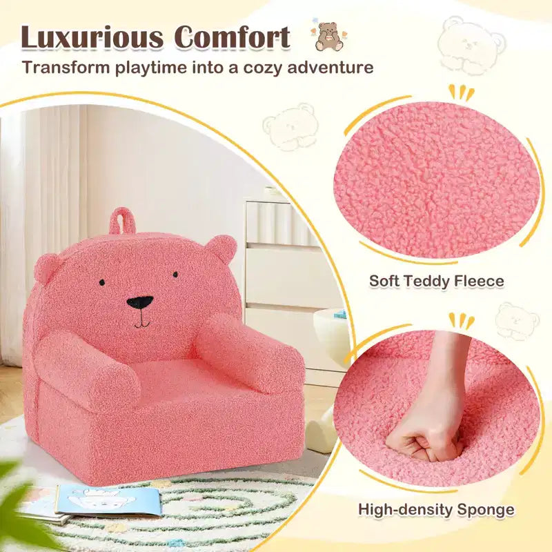Kindersofa in Bärenform, Schaumstoffsofa für Kleinkinder mit weichem Fleece-Bezug, Braun/Grau/Marineblau/Rosa
