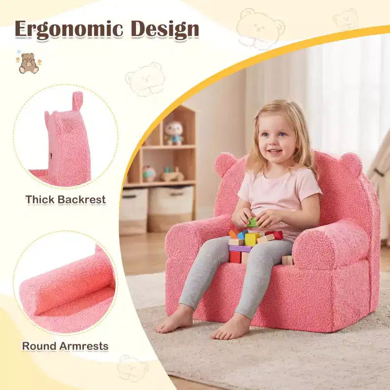 Kindersofa in Bärenform, Schaumstoffsofa für Kleinkinder mit weichem Fleece-Bezug, Braun/Grau/Marineblau/Rosa