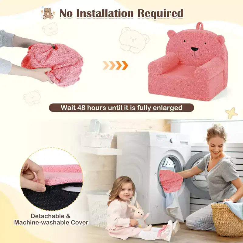 Kindersofa in Bärenform, Schaumstoffsofa für Kleinkinder mit weichem Fleece-Bezug, Braun/Grau/Marineblau/Rosa