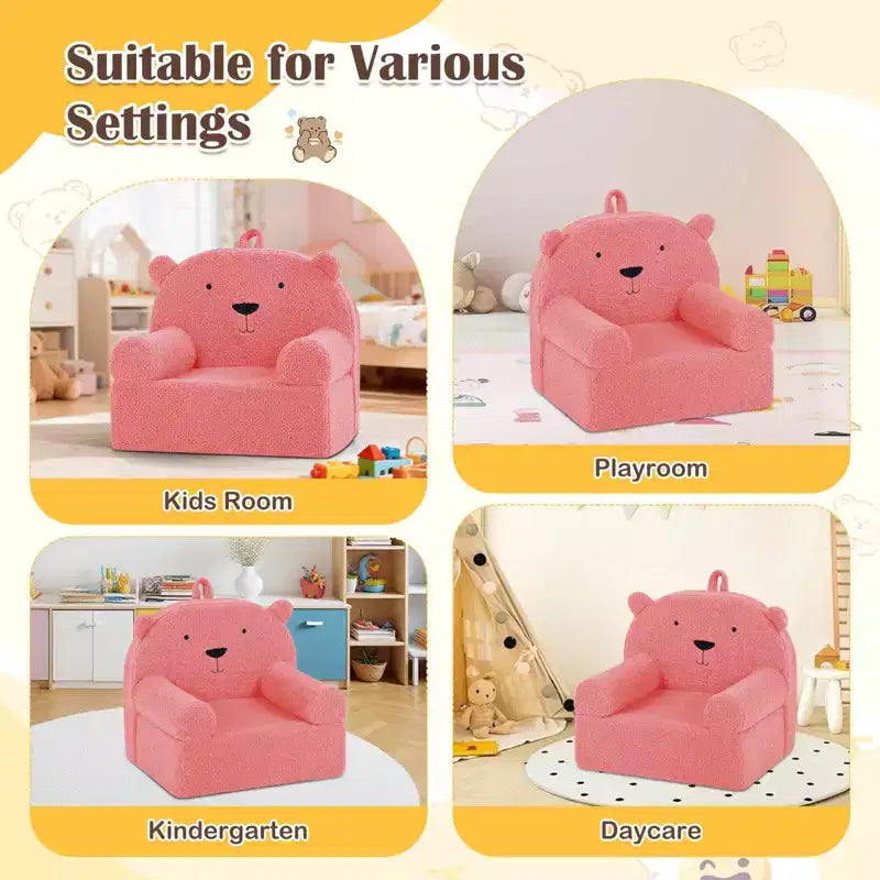 Kindersofa in Bärenform, Schaumstoffsofa für Kleinkinder mit weichem Fleece-Bezug, Braun/Grau/Marineblau/Rosa