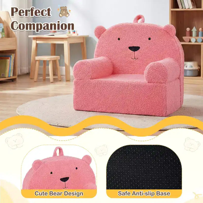 Kindersofa in Bärenform, Schaumstoffsofa für Kleinkinder mit weichem Fleece-Bezug, Braun/Grau/Marineblau/Rosa