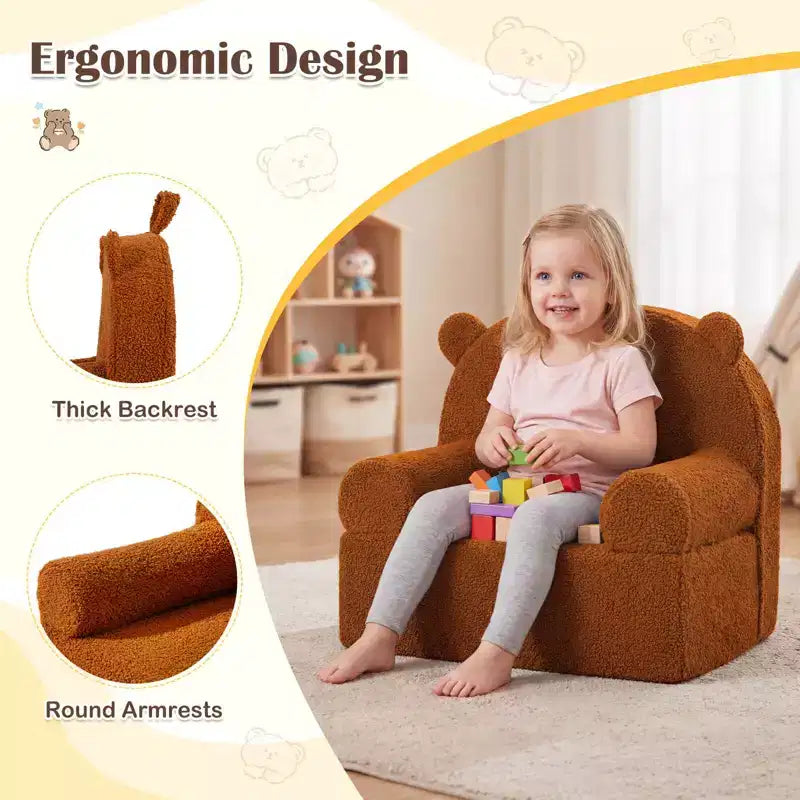 Kindersofa in Bärenform, Schaumstoffsofa für Kleinkinder mit weichem Fleece-Bezug, Braun/Grau/Marineblau/Rosa