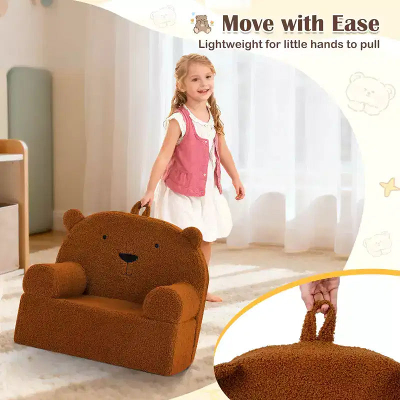 Kindersofa in Bärenform, Schaumstoffsofa für Kleinkinder mit weichem Fleece-Bezug, Braun/Grau/Marineblau/Rosa