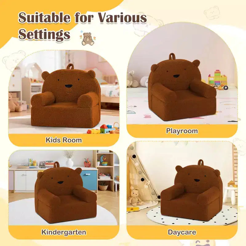 Kindersofa in Bärenform, Schaumstoffsofa für Kleinkinder mit weichem Fleece-Bezug, Braun/Grau/Marineblau/Rosa