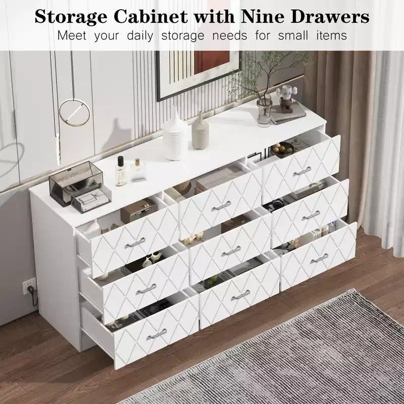 Kommode mit 9 Schubladen, lange Kommode fürs Schlafzimmer, großer moderner Stauraum, Schubladen-Organizer aus Holz mit Metallgriffen für Schlafzimmer und Wohnzimmer