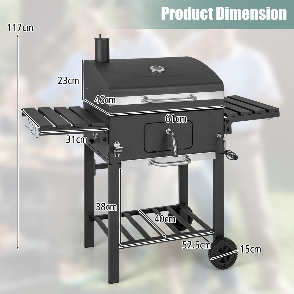 Barbecue à Charbon de Bois Portable avec 2 Tables d'Appoint Noir