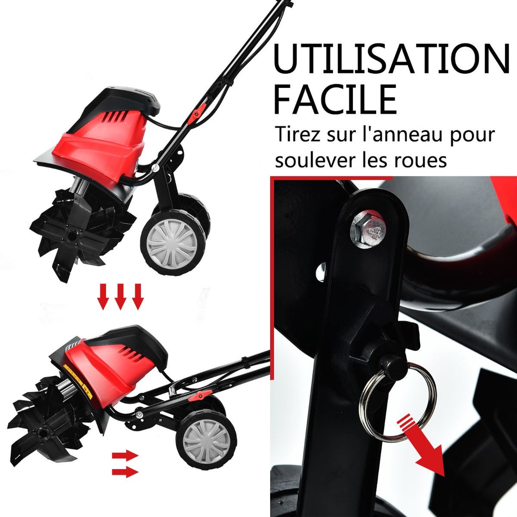 Motobineuse Motoculteur électrique 1500W Profondeur Travail 22CM Largeur 43CM avec Poignée Pliable Roues Réglables 6 Lames