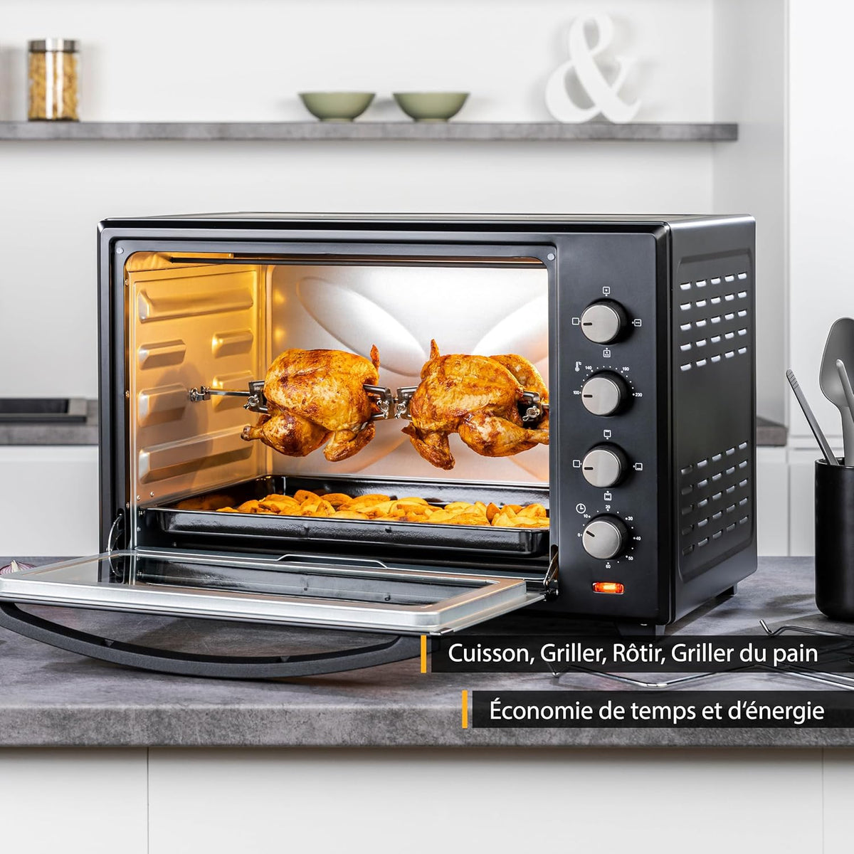 TZS First Austria Mini-four 60 l I 2000 W I Convection + R?tisserie I 4 éléments chauffants I Plage de température jusqu'à 230 °C I Minuterie 60 min I Inox I Noir