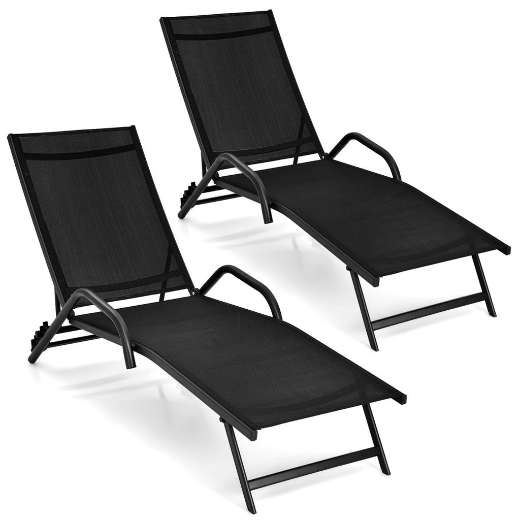 Lot de 2 Bains de Soleil Inclinables d'Extérieur avec Accoudoirs et Dossier Réglable à 5 Positions Charge 160 kg Noir