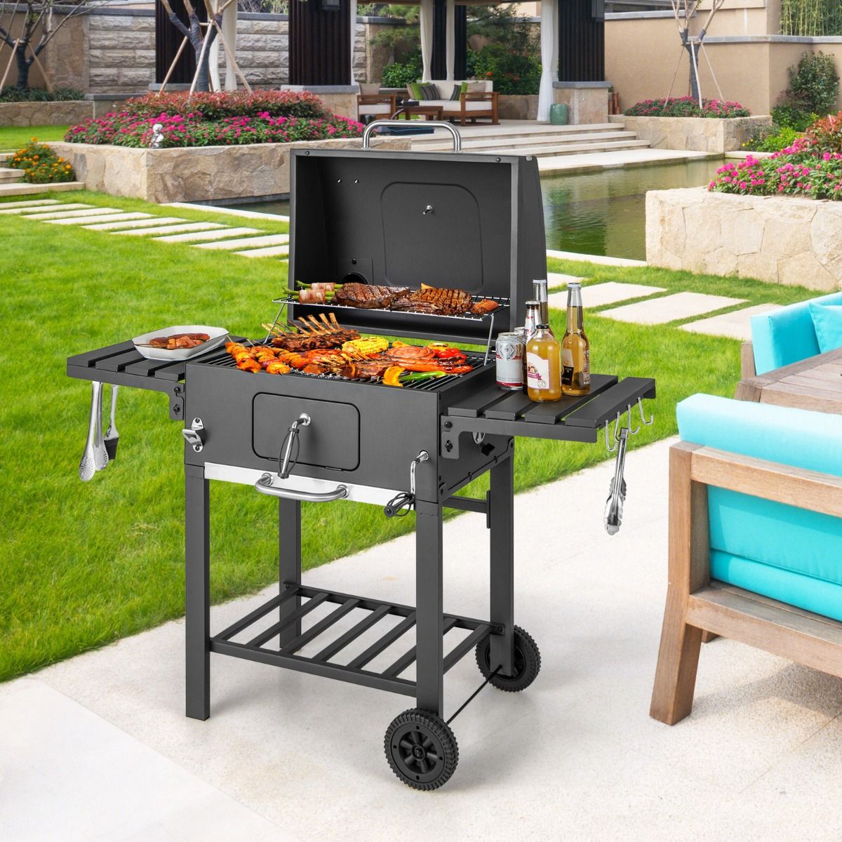 Barbecue à Charbon de Bois Portable avec 2 Tables d'Appoint Noir