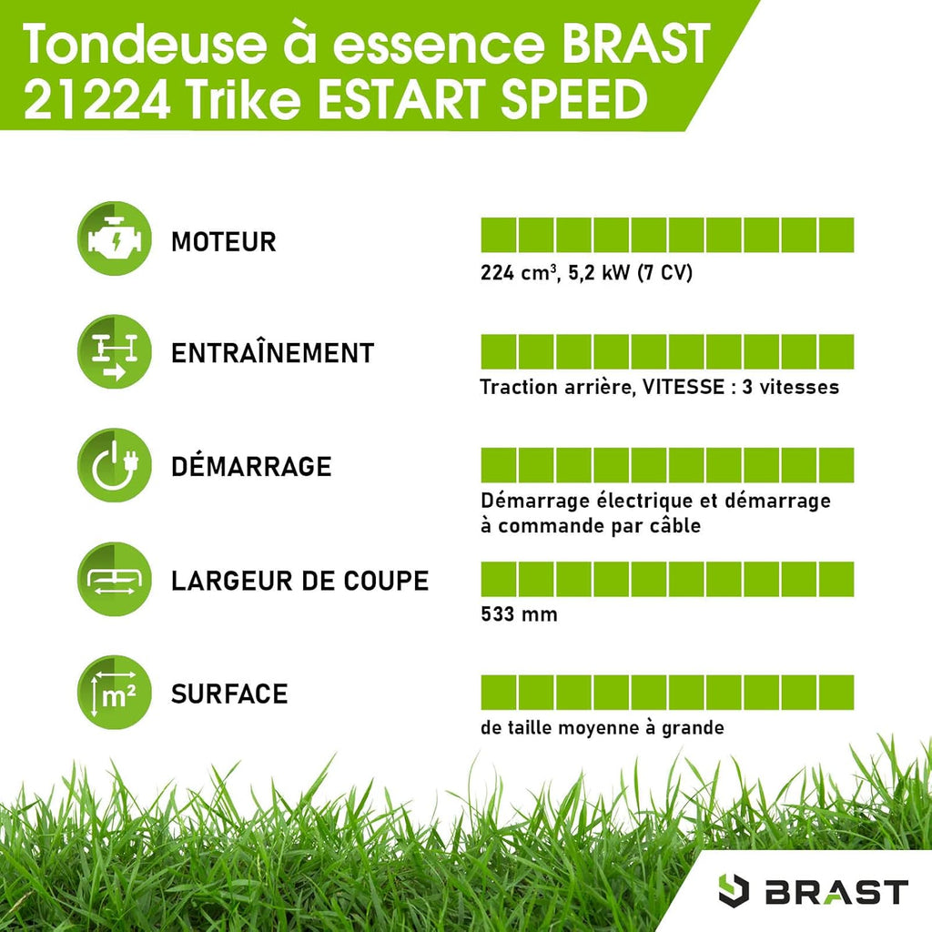 BRAST tondeuse thermique 3 roues TRIKE E-START 224cc 53cm tractée démarrage électrique mulching 4en1 capot en t?le en acier 60l - moteur 4 temps de la marque fran?aise GT reglable