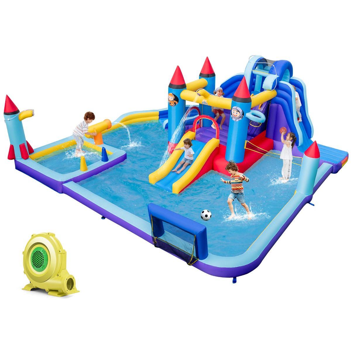Chateau Gonflable à Toboggans Aquatiques Thème de La Fusée pour Enfants Piscine Zone de Saut Pistolet à Eau Escalade Souffleur de 850 W Multicolore