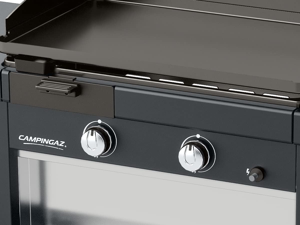 Campingaz Plancha EXB Plus, plancha au gaz sur chariot, grill gastronomique avec plaque en acier émaillé et 2 br?leurs, puissance 7500 W, pour des grillades méditerranéennes, Noir