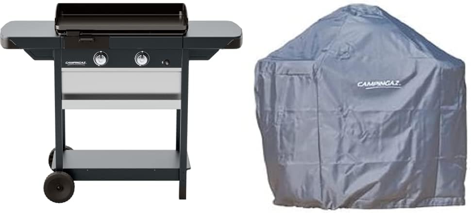 Campingaz Plancha EXB Plus, plancha au gaz sur chariot, grill gastronomique avec plaque en acier émaillé et 2 br?leurs, puissance 7500 W, pour des grillades méditerranéennes, Noir