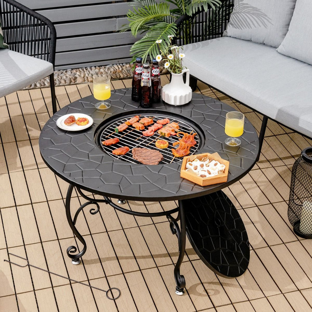 Brasero Extérieur pour Jardin 80 x 80 x 70 cm Foyer rond 4 en 1 avec Brasero Grille de Cuisson Grille en Bois